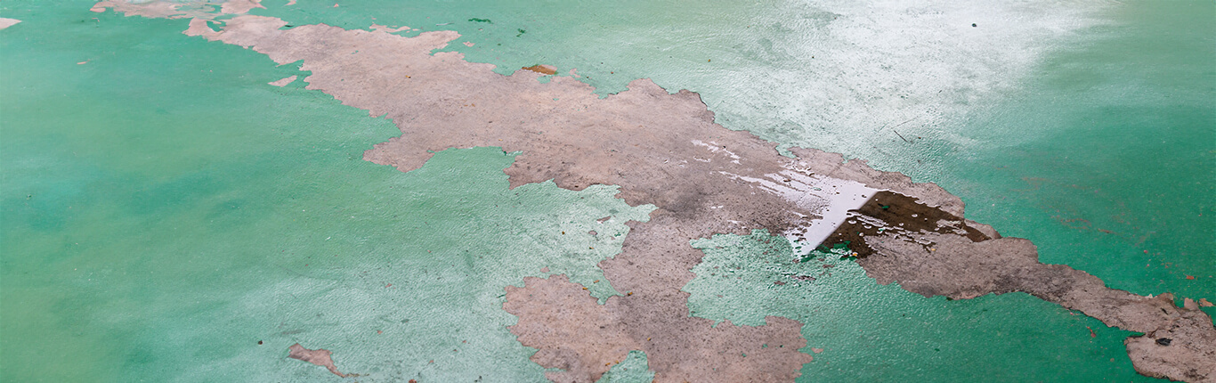 Epoxy floor peeling with visible surface damage, coating failure, and concrete floor defects in an industrial or commercial space